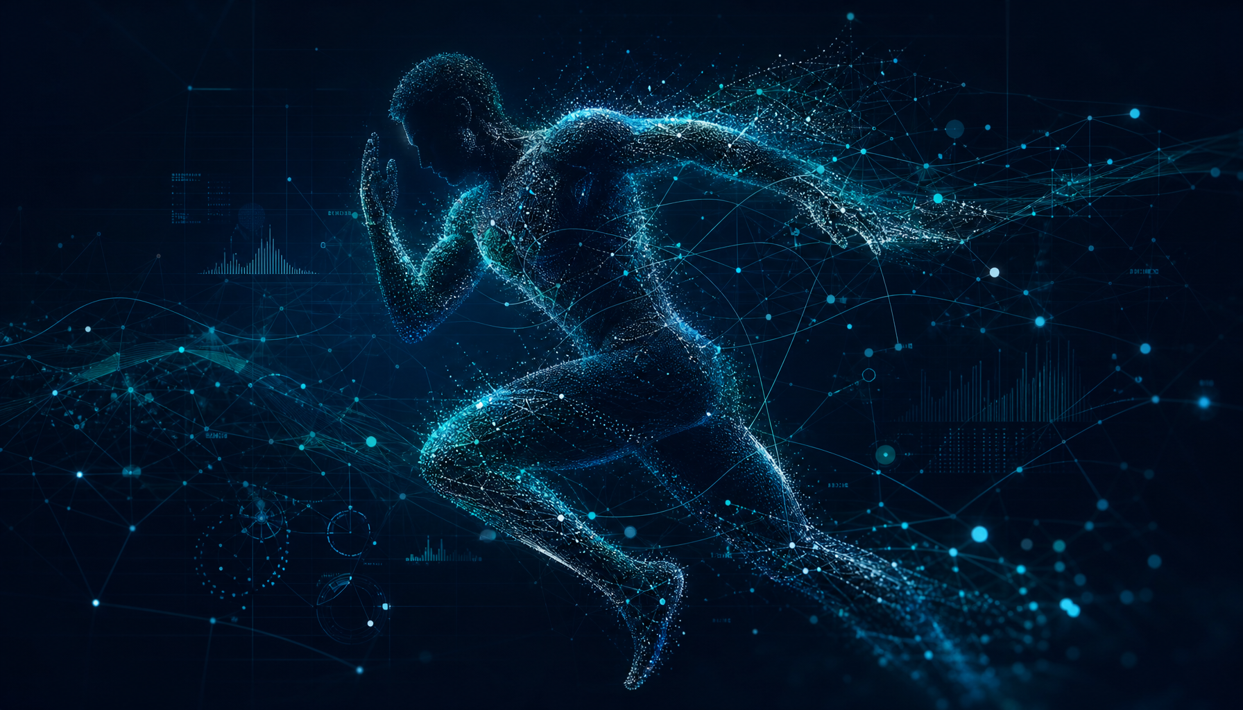 Figura atlética construida con partículas de datos y KPIs — PulseGym